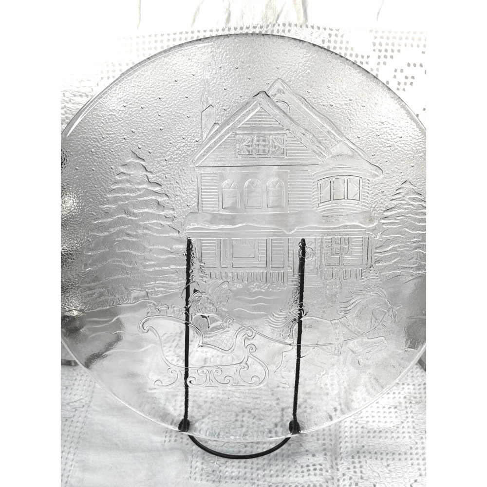 Libbey Vintage Christmas Sleigh Rider Clear Glass Serving Platter 12.5 Inch